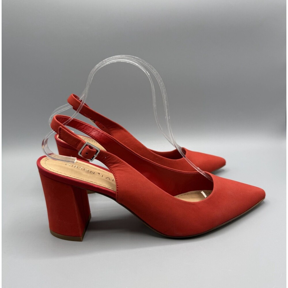 Gibson & Latimer Red Suede Pointed Toe Slingback Pumps Block Heel Women Size 8M